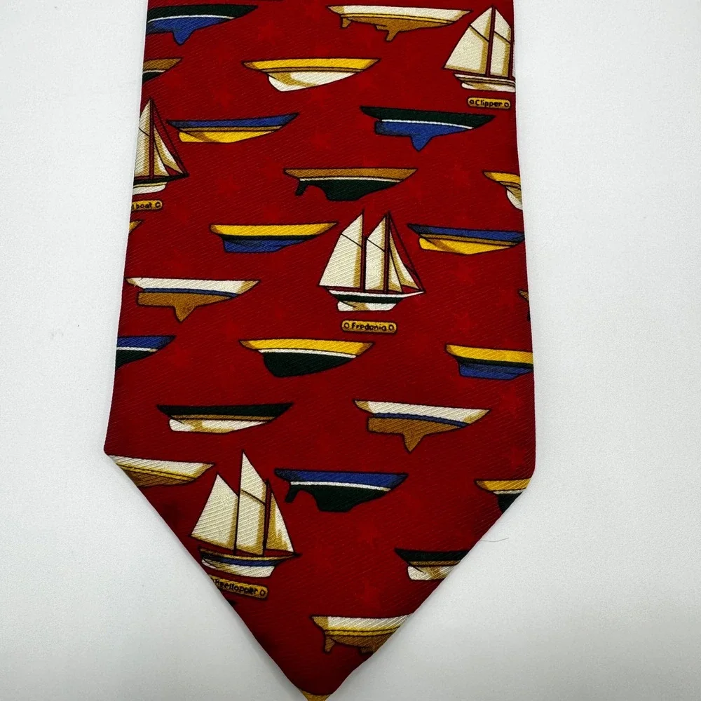 Lands End Mens Red Sailboat Nautical Silk Tie Vintage USA Luxury Designer